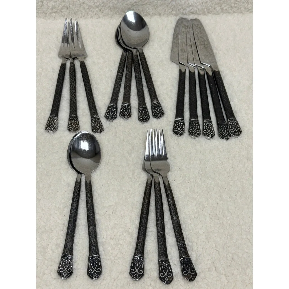 Mixed Lot 17pc Flatware Stainless Hammered Ornate Avalon Dark Metal